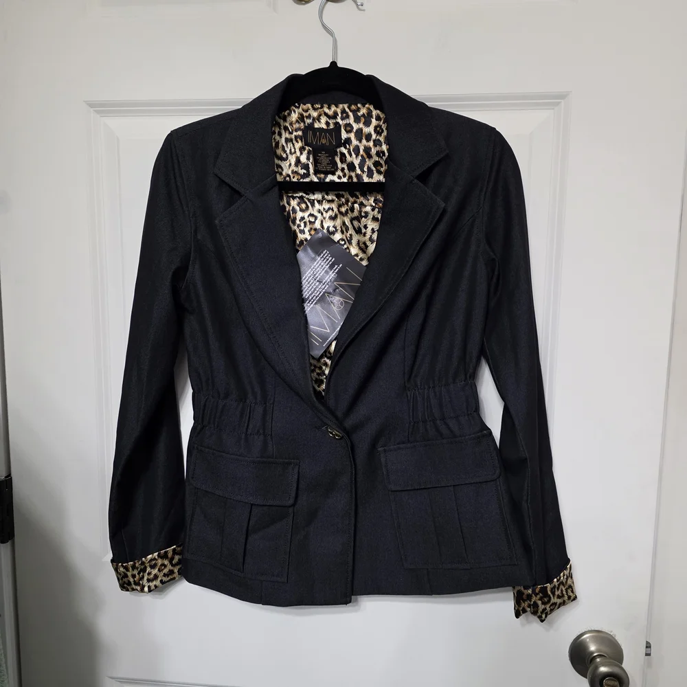 IMAN Dark Blue Blazer with Animal Print Accents - Picture 2 of 3